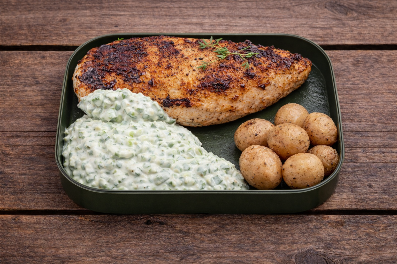 Kylling med saltkogte kartofler og tzatziki